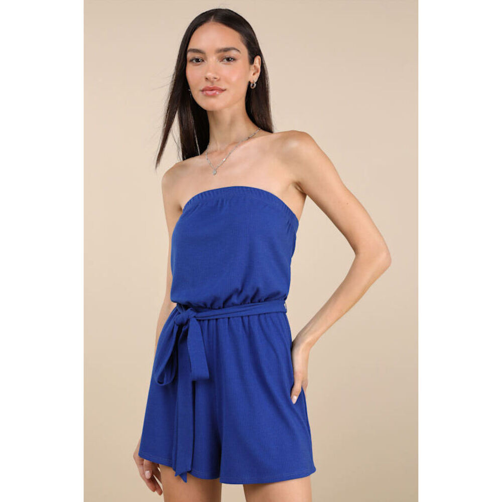 Lulus Leisurely Moments Royal Blue Ribbed Knit Strapless Lounge Romper - Size L
